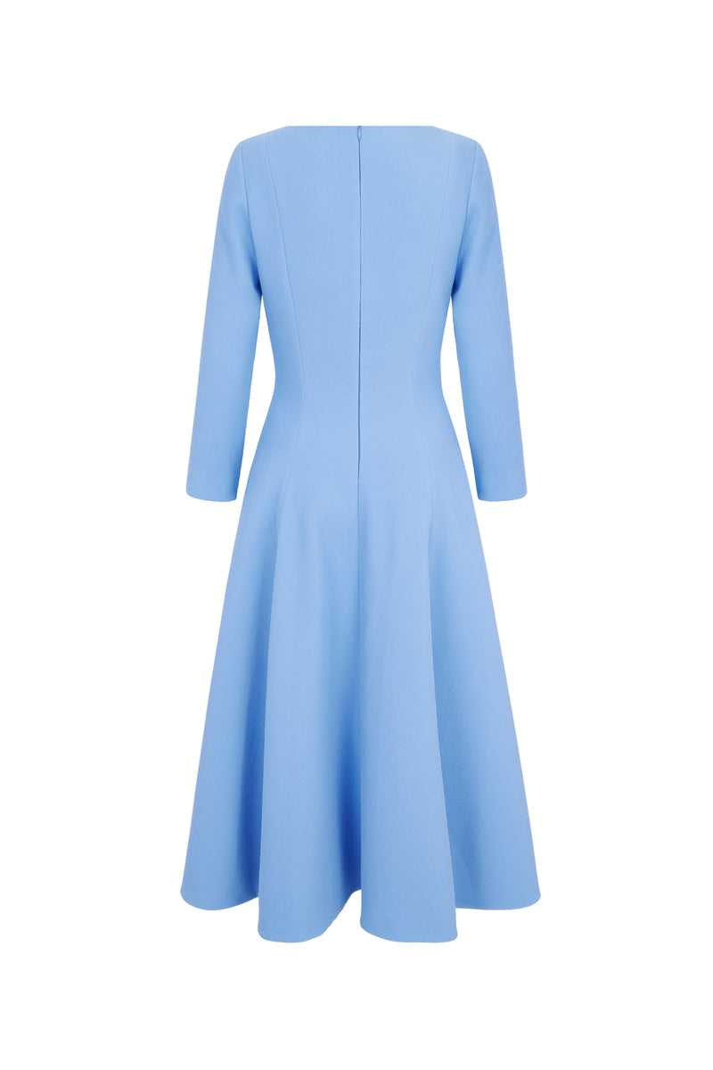 long sleeve light blue midi dress Suzannah London | Arlena Midi Fit and Flare Dress in Breeze Blue Cloqué | Mother of the Bride
