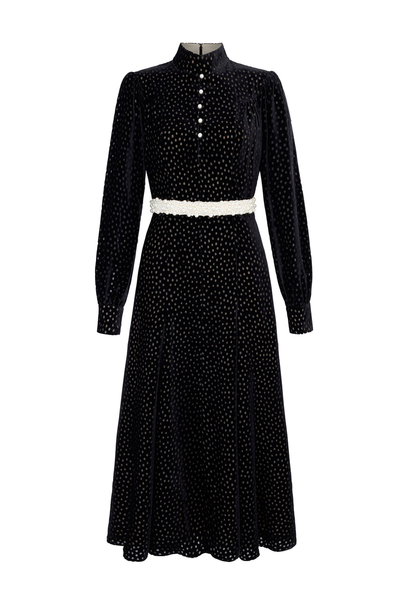 Biarritz Dress Black Polka Dot Velvet | Suzannah London