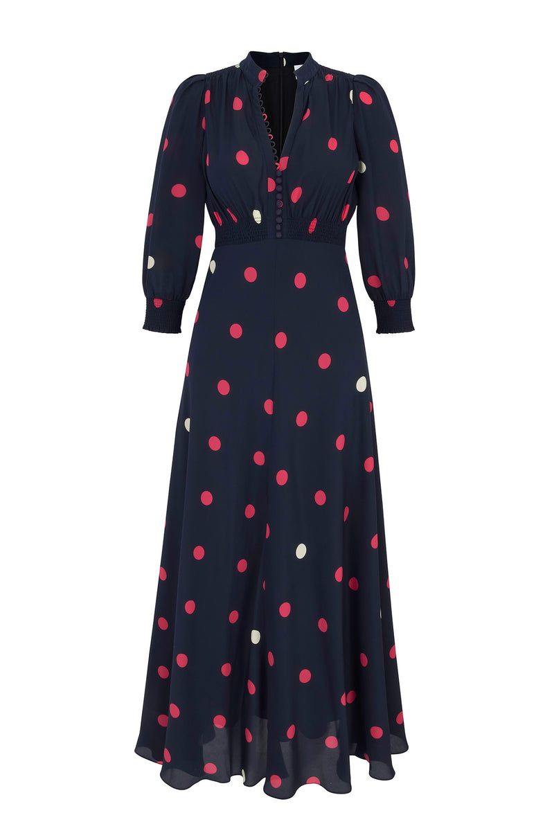 navy blue dress with polka dots Prosperina Chelsea Dot Cotton Maxi quarter length sleeves Lulus | Navy Polka Dot
