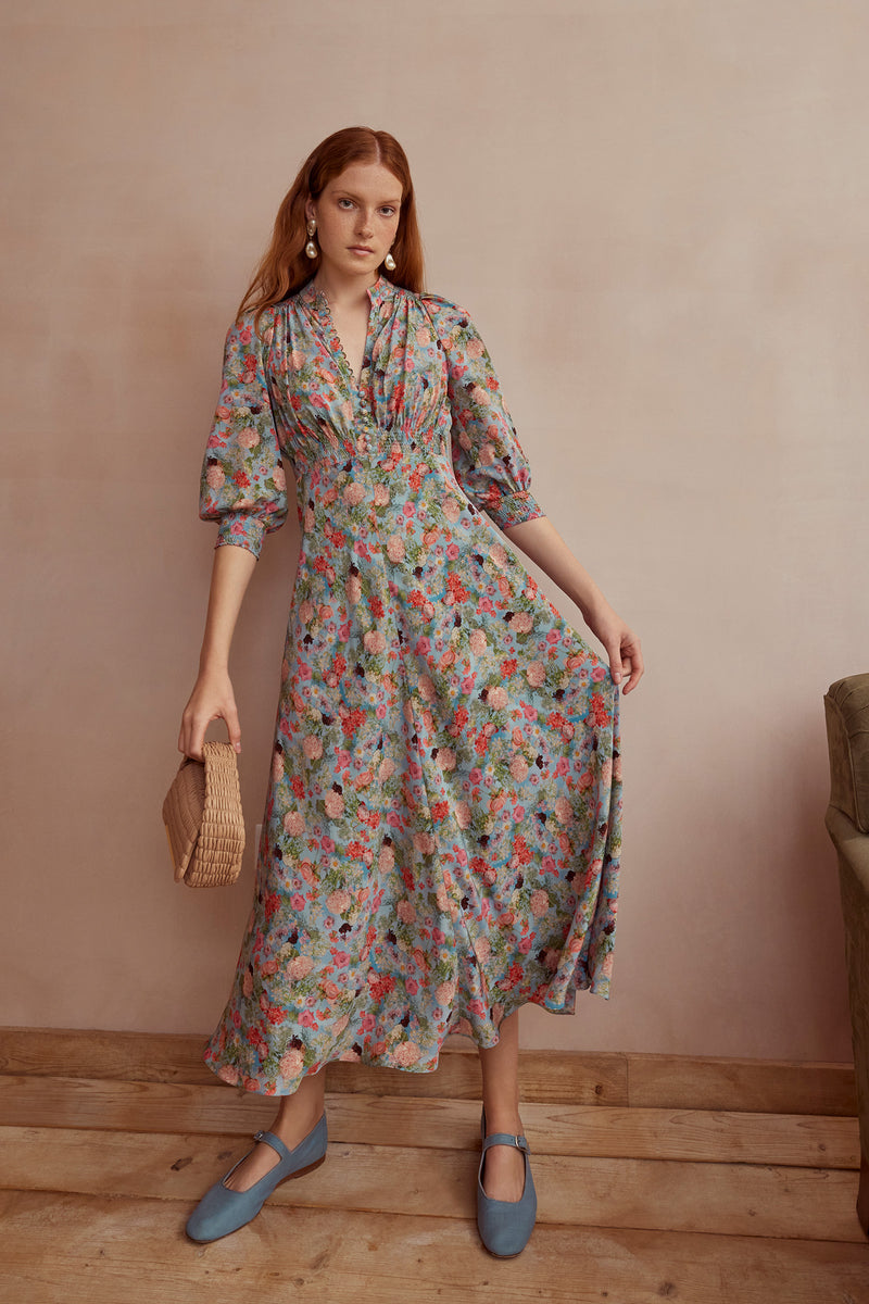 Gabriella Silk Tea Dress Floral Print Luxury Midi Dresses Suzannah