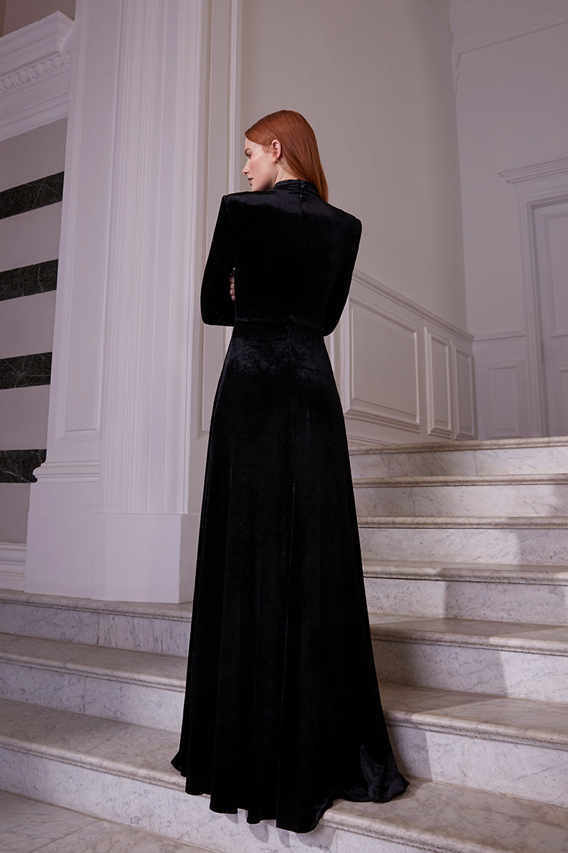 velvet dress long sleeve uk Evangeline Black Velvet Jersey Gown – Suzannah London