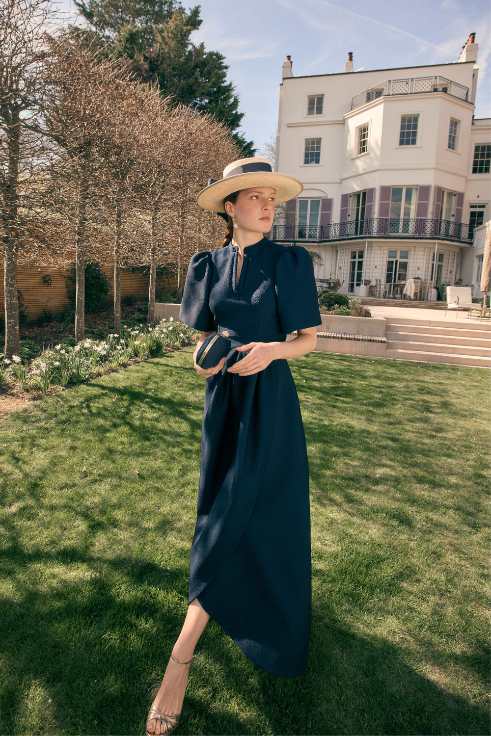 Load image into Gallery viewer, Delphine Dress Navy Cloqué