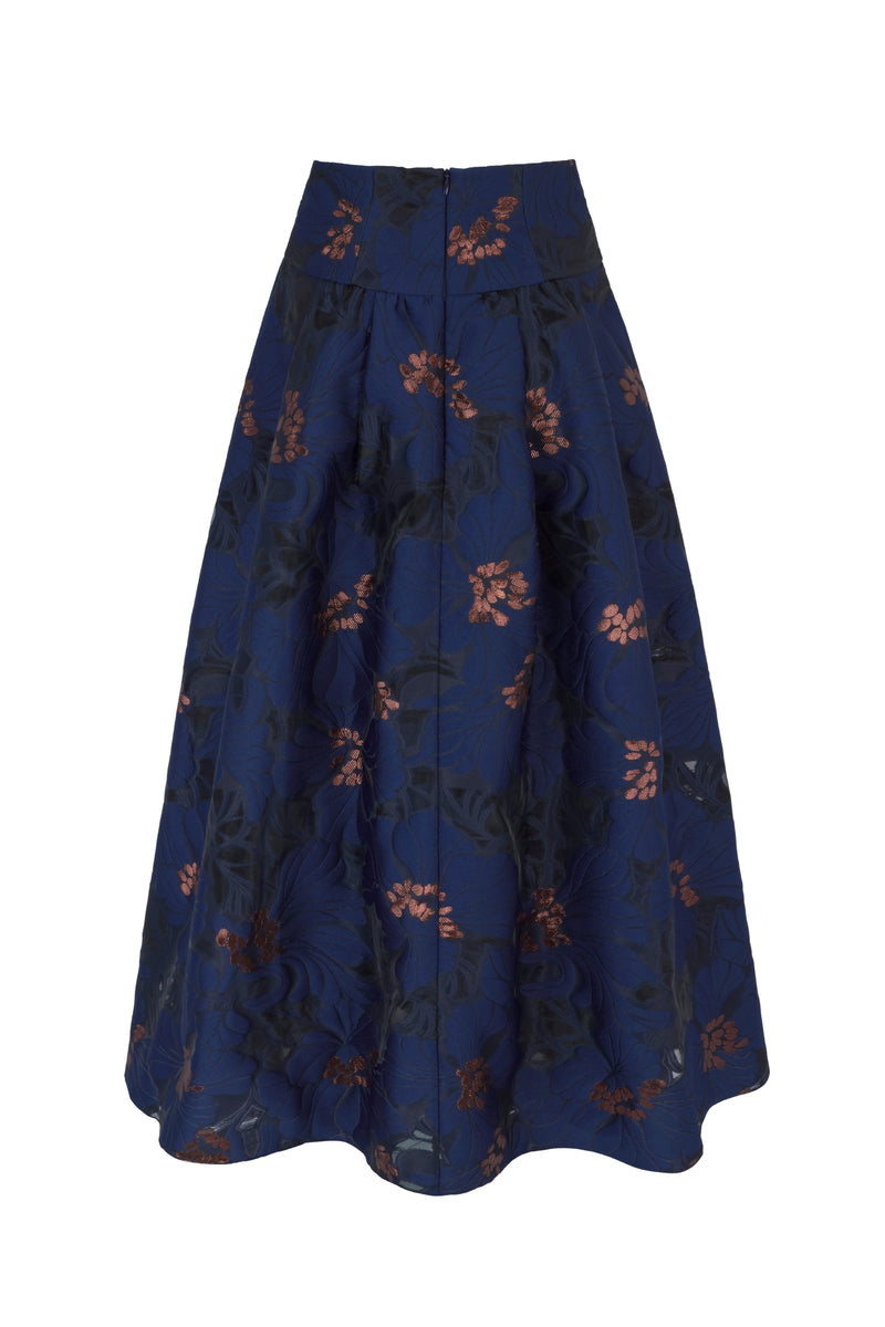 Load image into Gallery viewer, Clara Skirt Navy Floral Fil Coupé