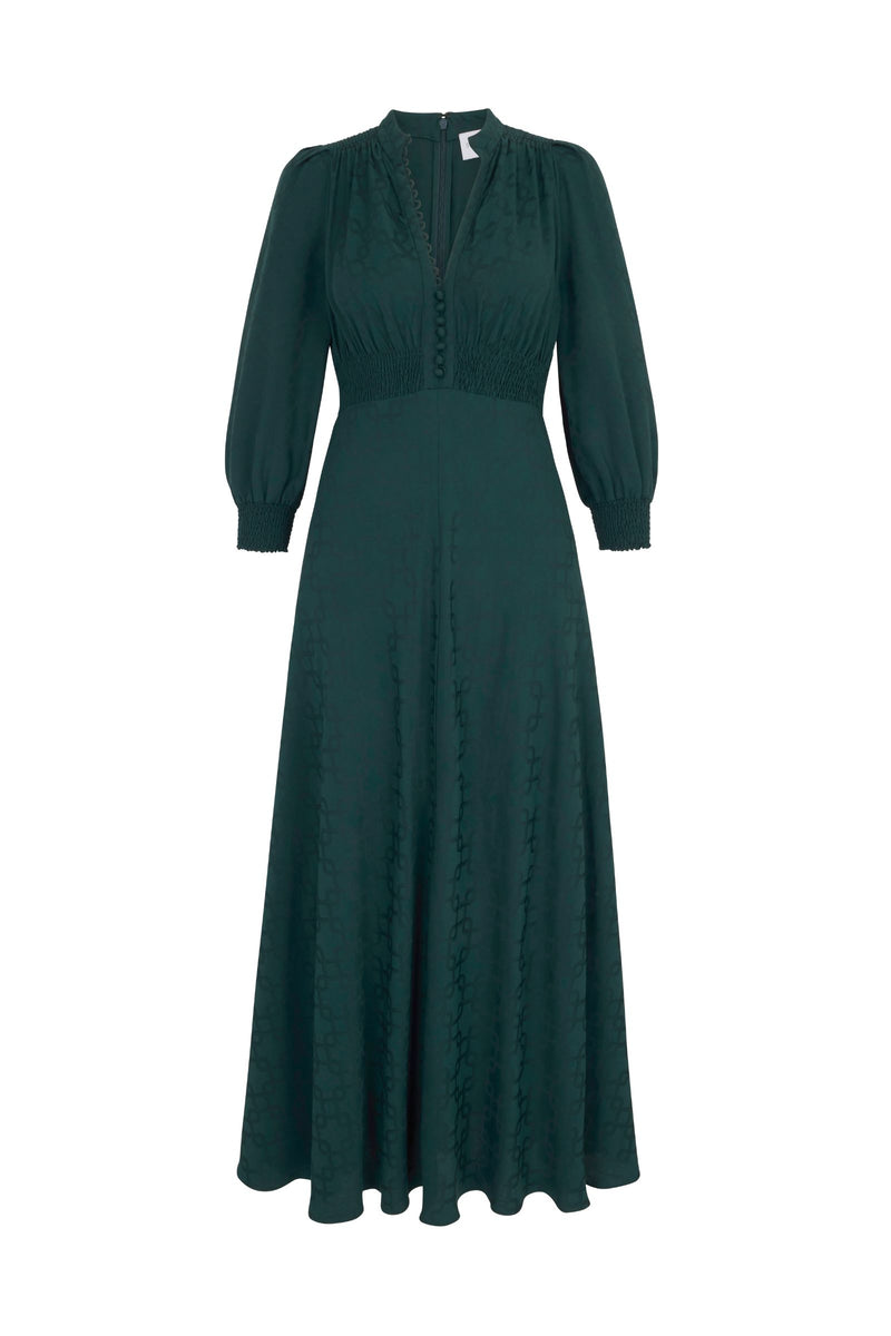 Load image into Gallery viewer, Gabriella Dress Geometric Jacquard Forest Green