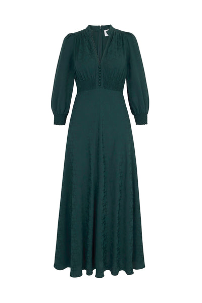 Gabriella Tea Dress Geometric Jacquard Forest | Suzannah London