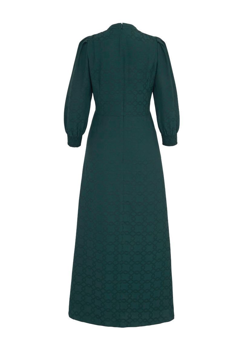 Load image into Gallery viewer, Gabriella Dress Geometric Jacquard Forest Green