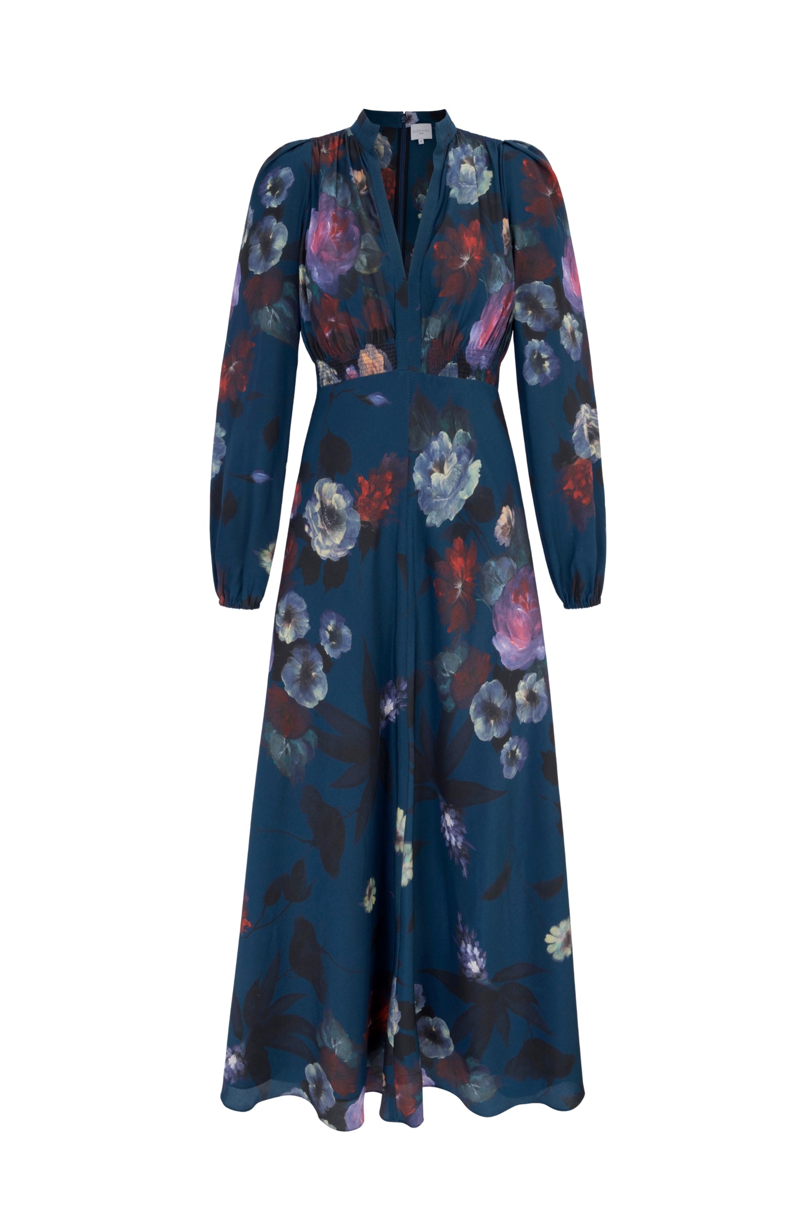 Baroque Silk Tea Dress Midnight Painterly Floral