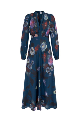 Baroque Silk Tea Dress Midnight Painterly Floral