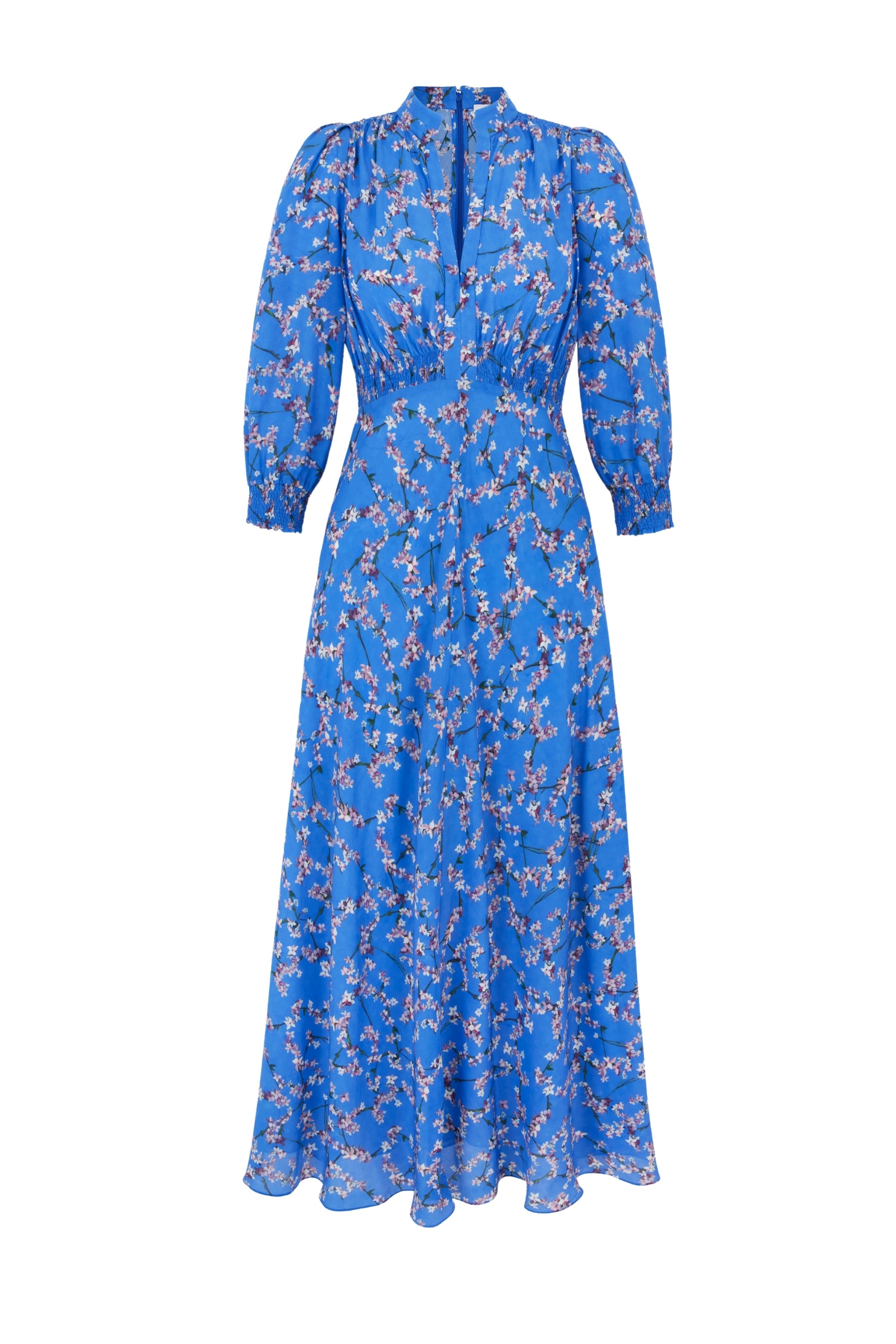 blue floral tea dress Blue Floral Midi Summer Dress with Short Puff Sleeves Blue Floral / Small
