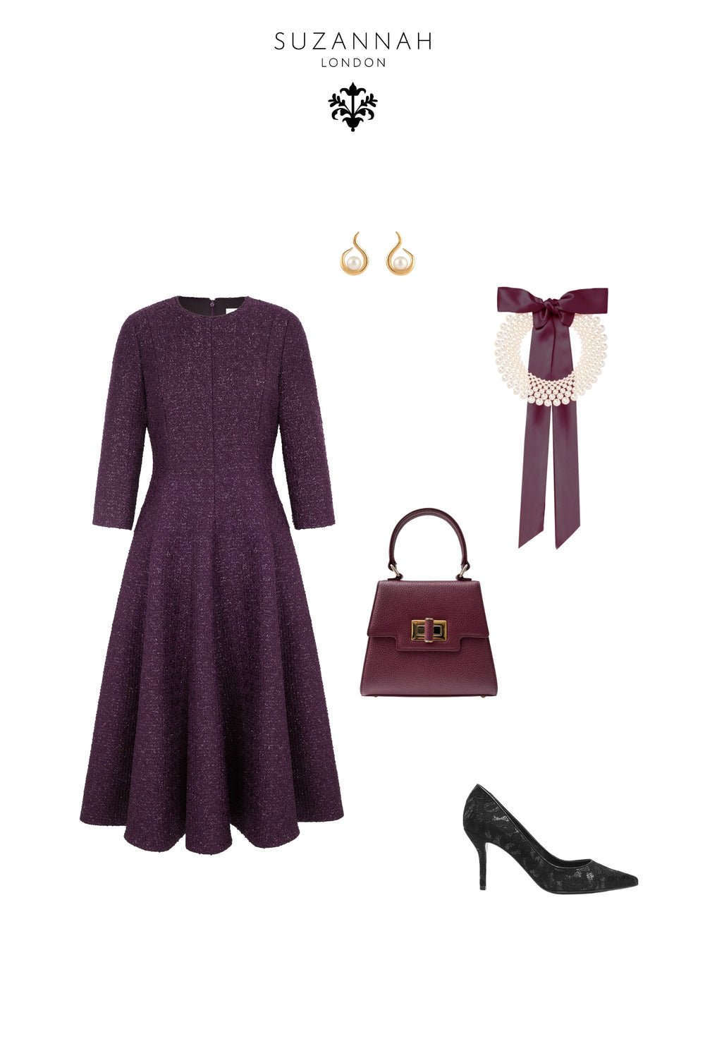 Load image into Gallery viewer, Lucy Midi Dress Metallic Tweed Aubergine