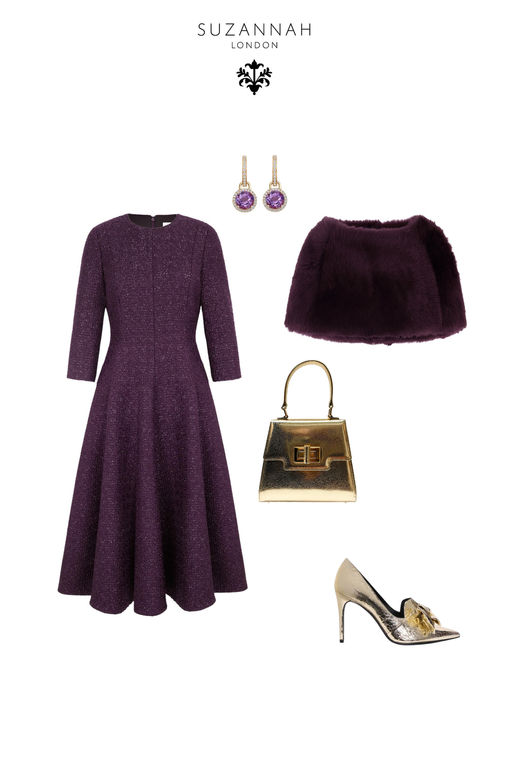 Load image into Gallery viewer, Lucy Midi Dress Metallic Tweed Aubergine