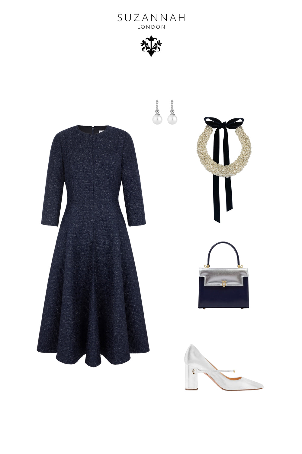 Load image into Gallery viewer, Lucy Midi Dress Metallic Tweed Navy