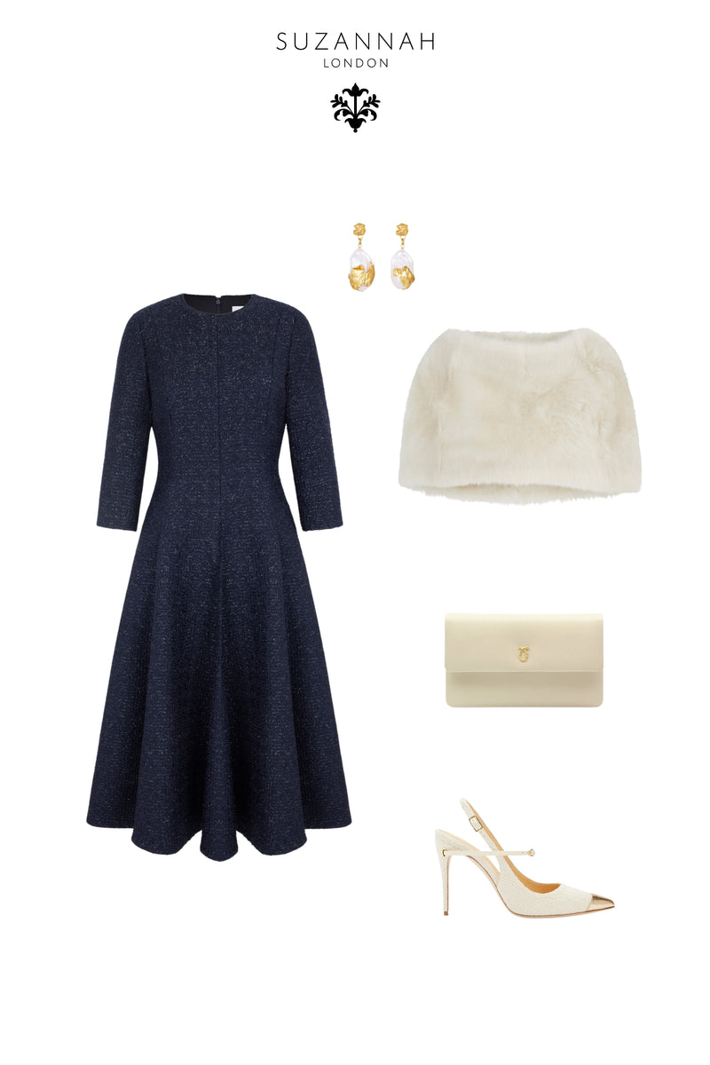 Load image into Gallery viewer, Lucy Midi Dress Metallic Tweed Navy