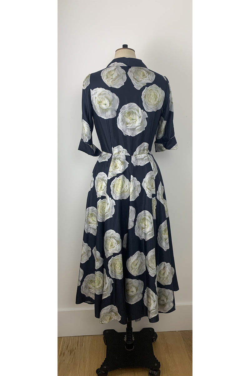 Load image into Gallery viewer, Edith Dark Navy Rose Silk Twill Shirt Dress ARCHIVE SALE
