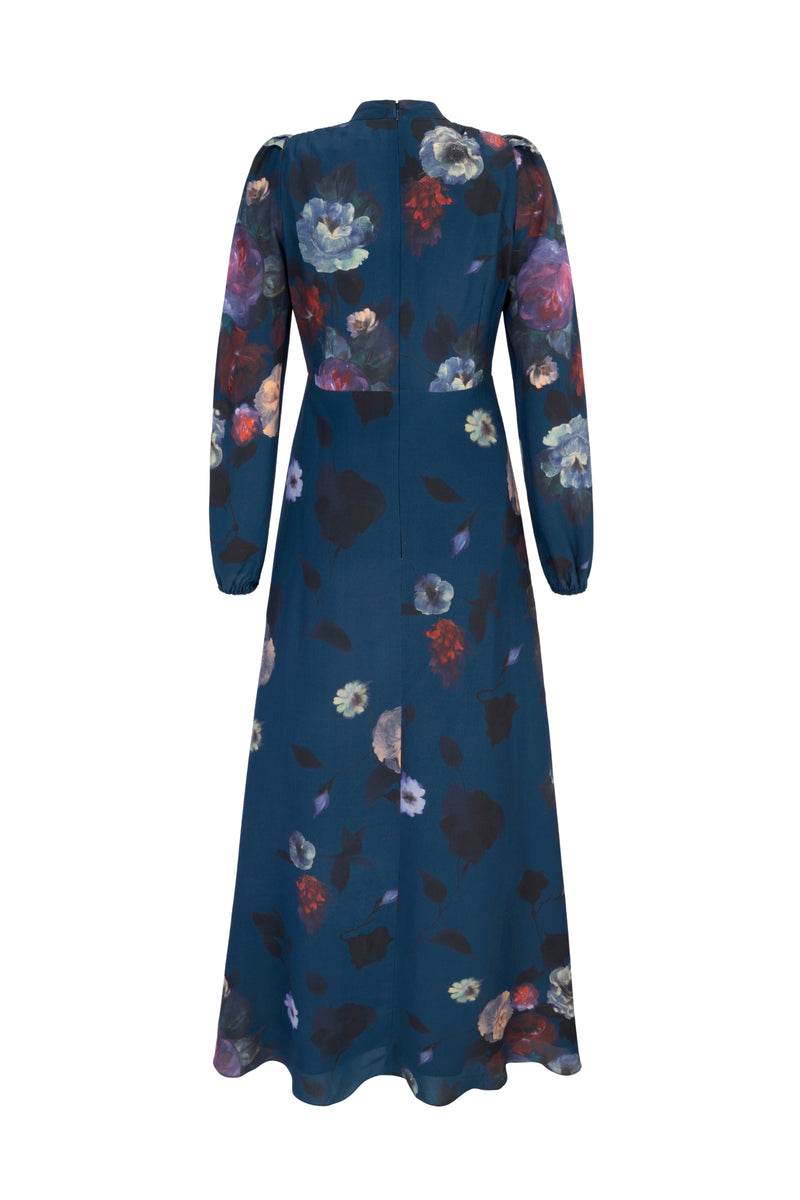 Load image into Gallery viewer, Baroque Silk Tea Dress Midnight Painterly Floral - ARCHIVE SALE