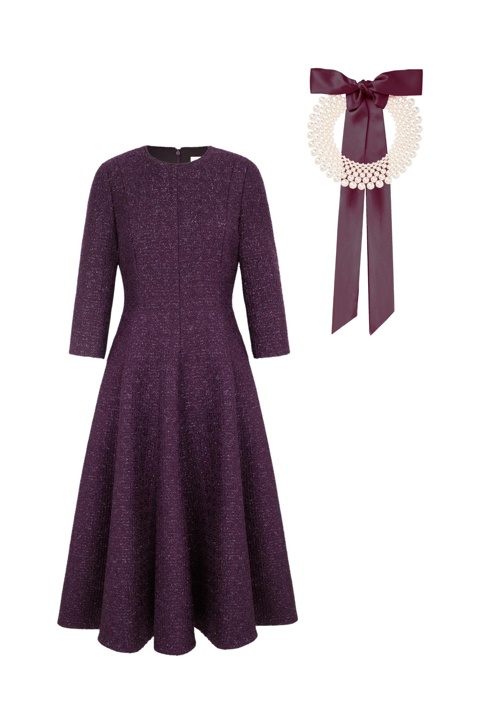 Lucy Midi Dress & Chunky Pearl Collar Aubergine