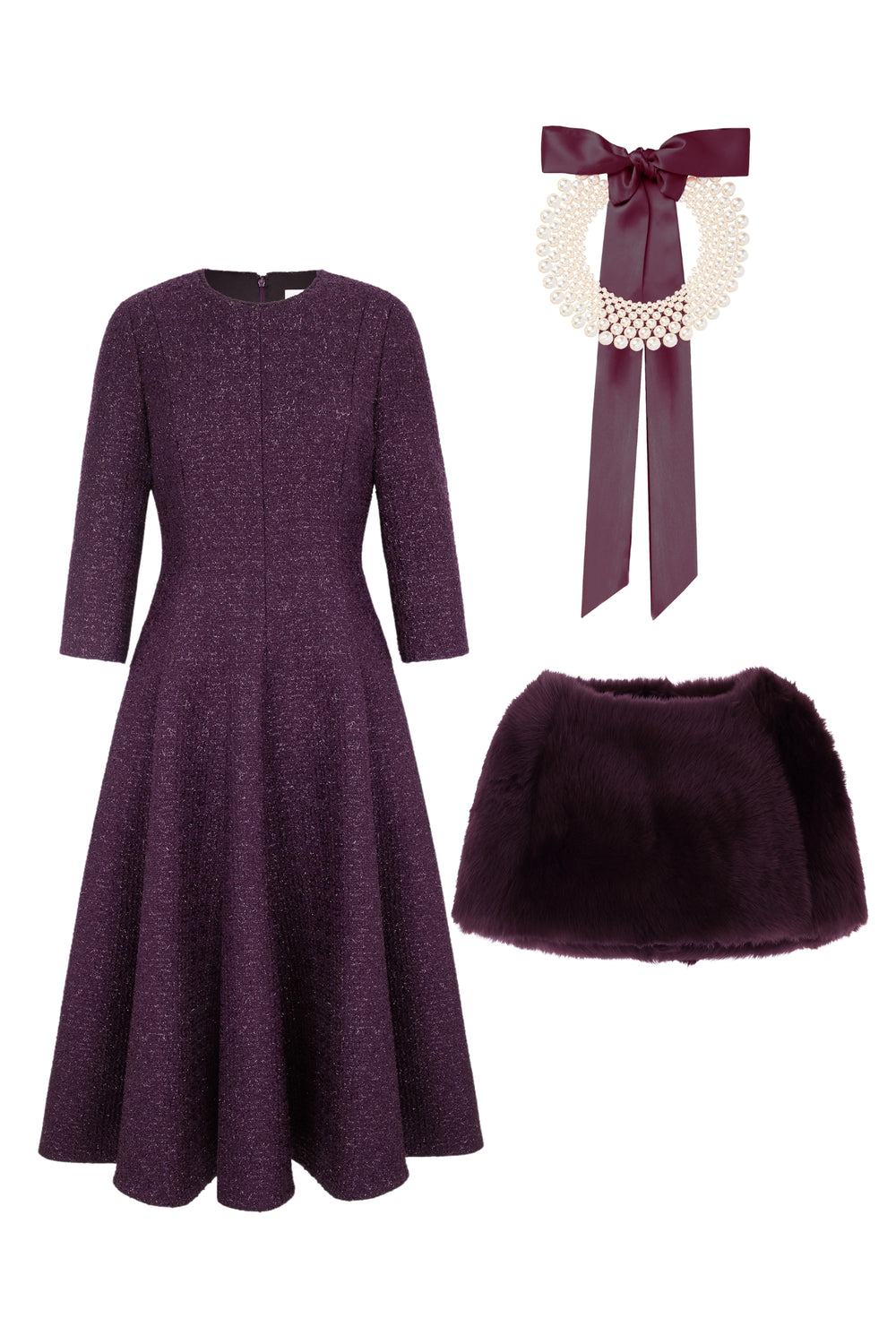 Load image into Gallery viewer, Lucy Midi Dress, Chunky Pearl Collar &amp; Cape Aubergine