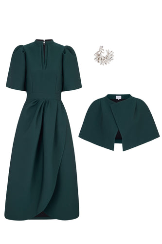 Delphine Forest Green Dress, Cape & Crystal Brooch