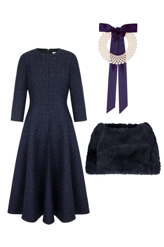 Lucy Midi Dress, Pearl Collar & Cape Navy