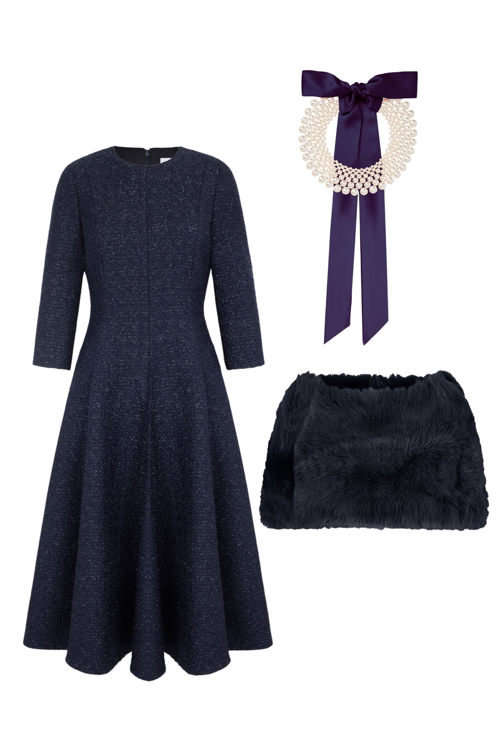 Load image into Gallery viewer, Lucy Midi Dress, Pearl Collar &amp; Cape Navy