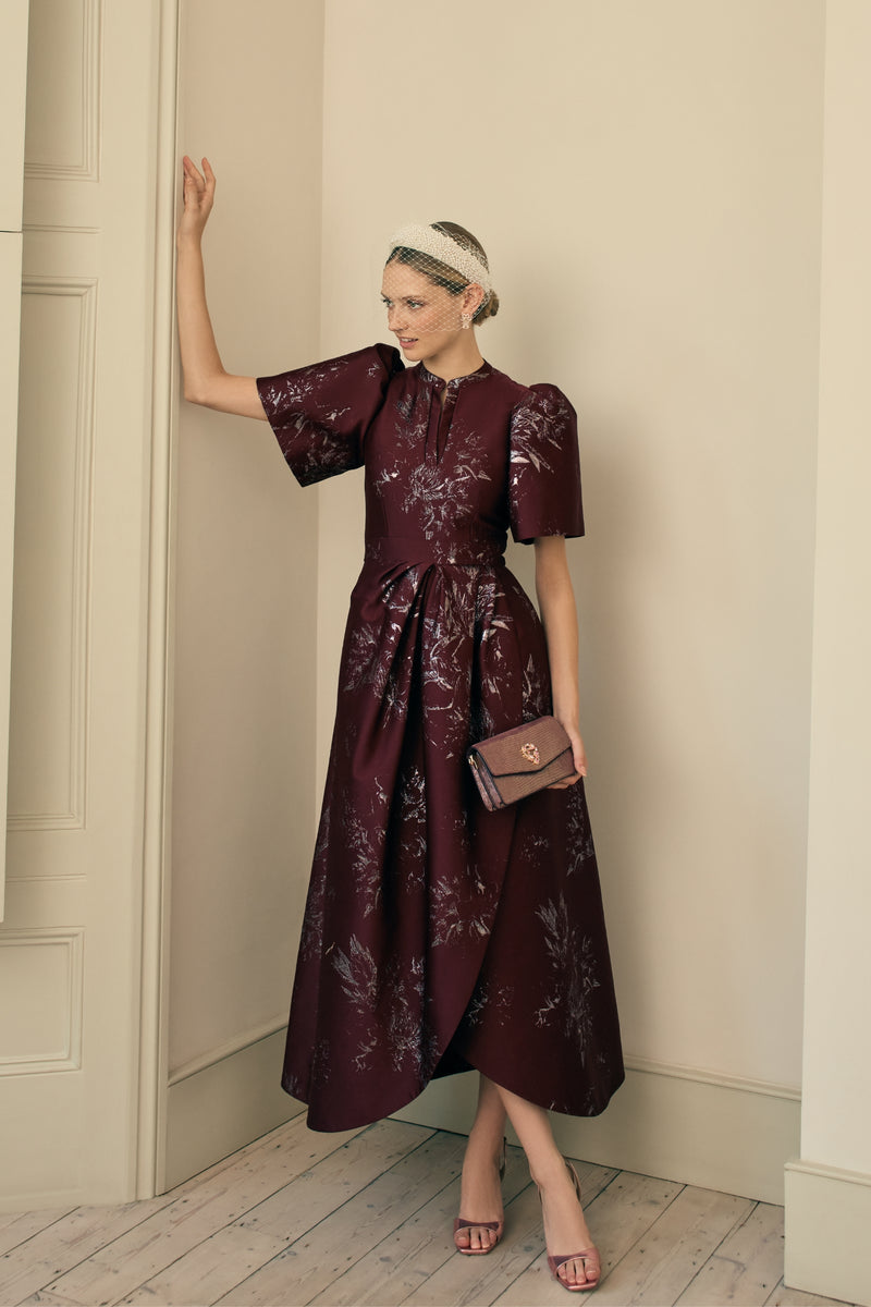 Load image into Gallery viewer, Delphine Dress Merlot Jacquard