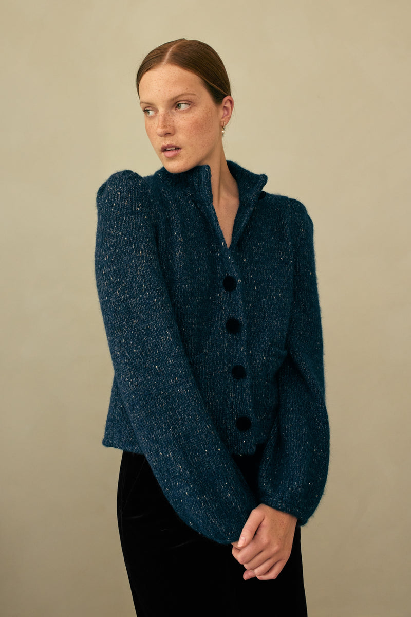 Load image into Gallery viewer, Bruton Navy Knitted Merino Wool, Alpaca &amp; Silk Cardigan Jacket