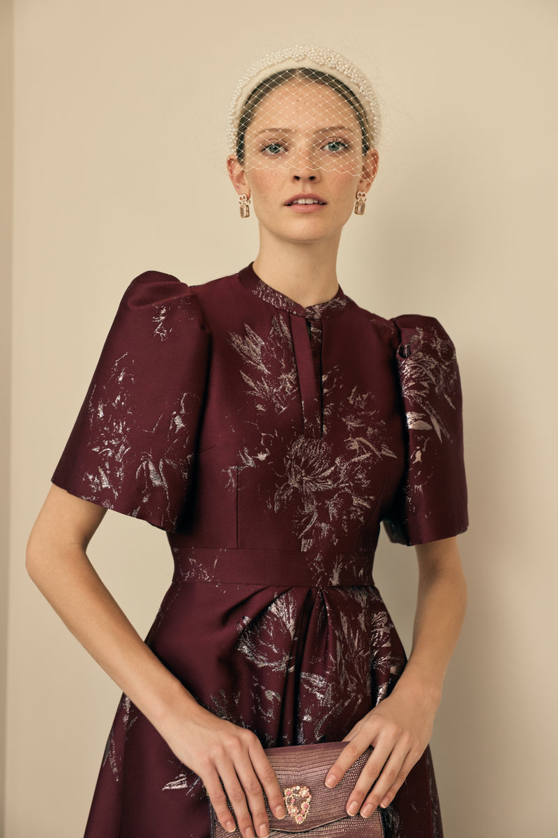 Load image into Gallery viewer, Delphine Dress Merlot Jacquard