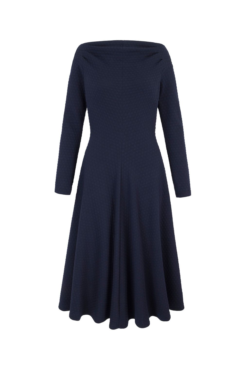 Load image into Gallery viewer, A navy, long-sleeved, fit and flare jersey dress with a midi hem.