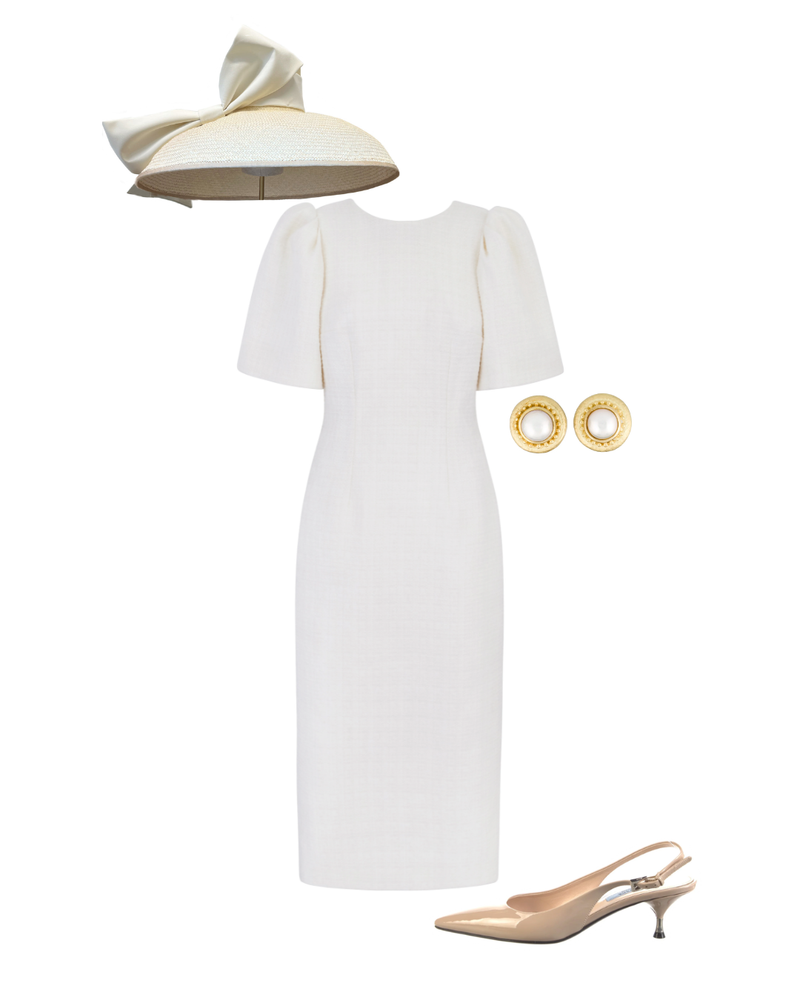 Load image into Gallery viewer, Annabel Bow Midi Dress Tweed Cream