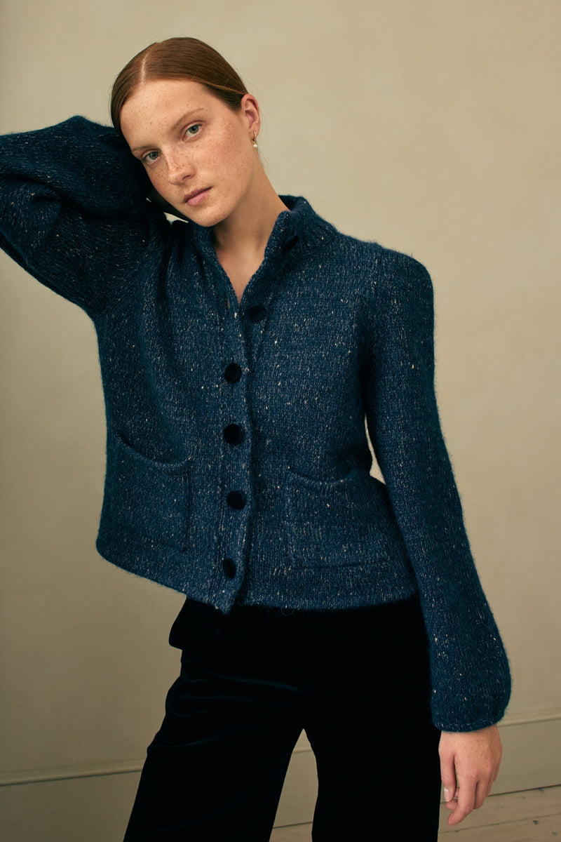 Load image into Gallery viewer, Bruton Navy Knitted Merino Wool, Alpaca &amp; Silk Cardigan Jacket