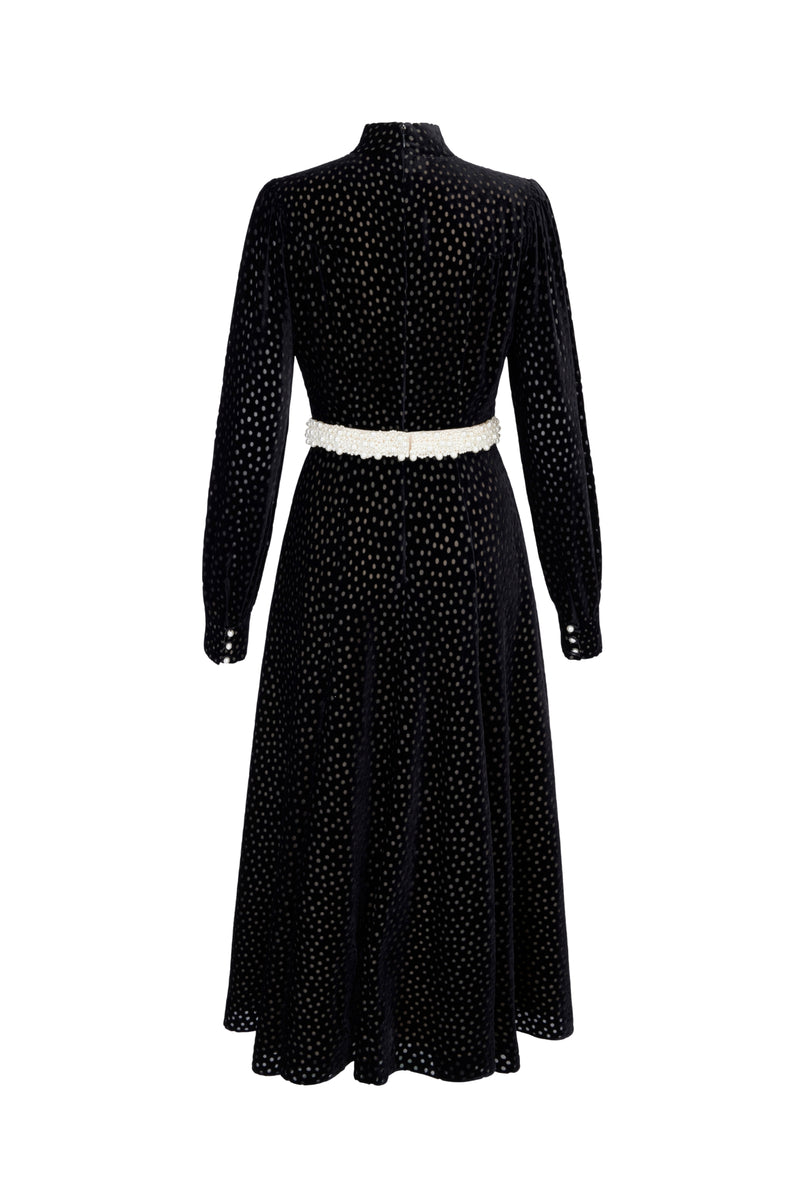 Load image into Gallery viewer, Biarritz Pearl Dress Black Polka Dot Velvet
