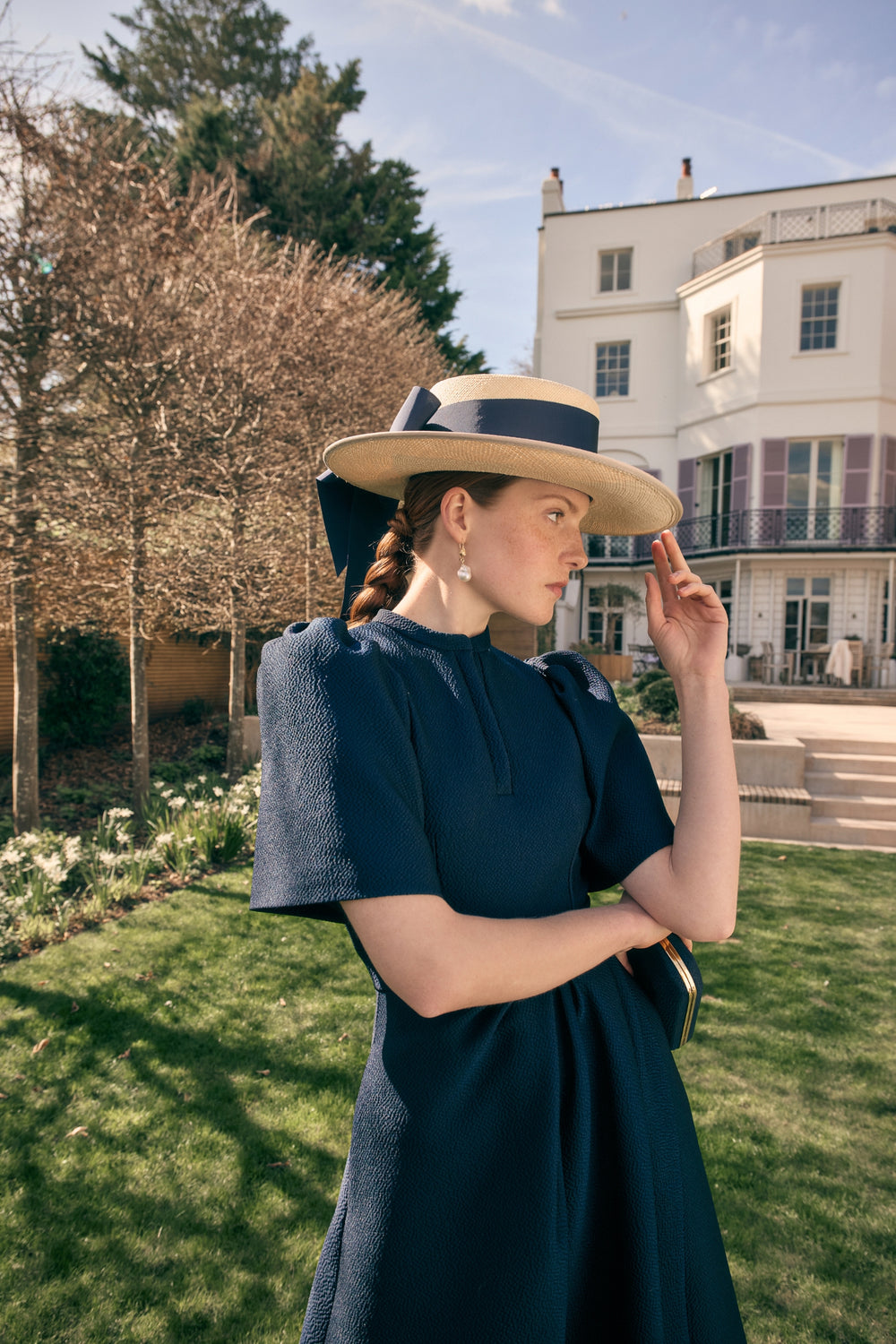 Load image into Gallery viewer, Delphine Dress Navy Cloqué