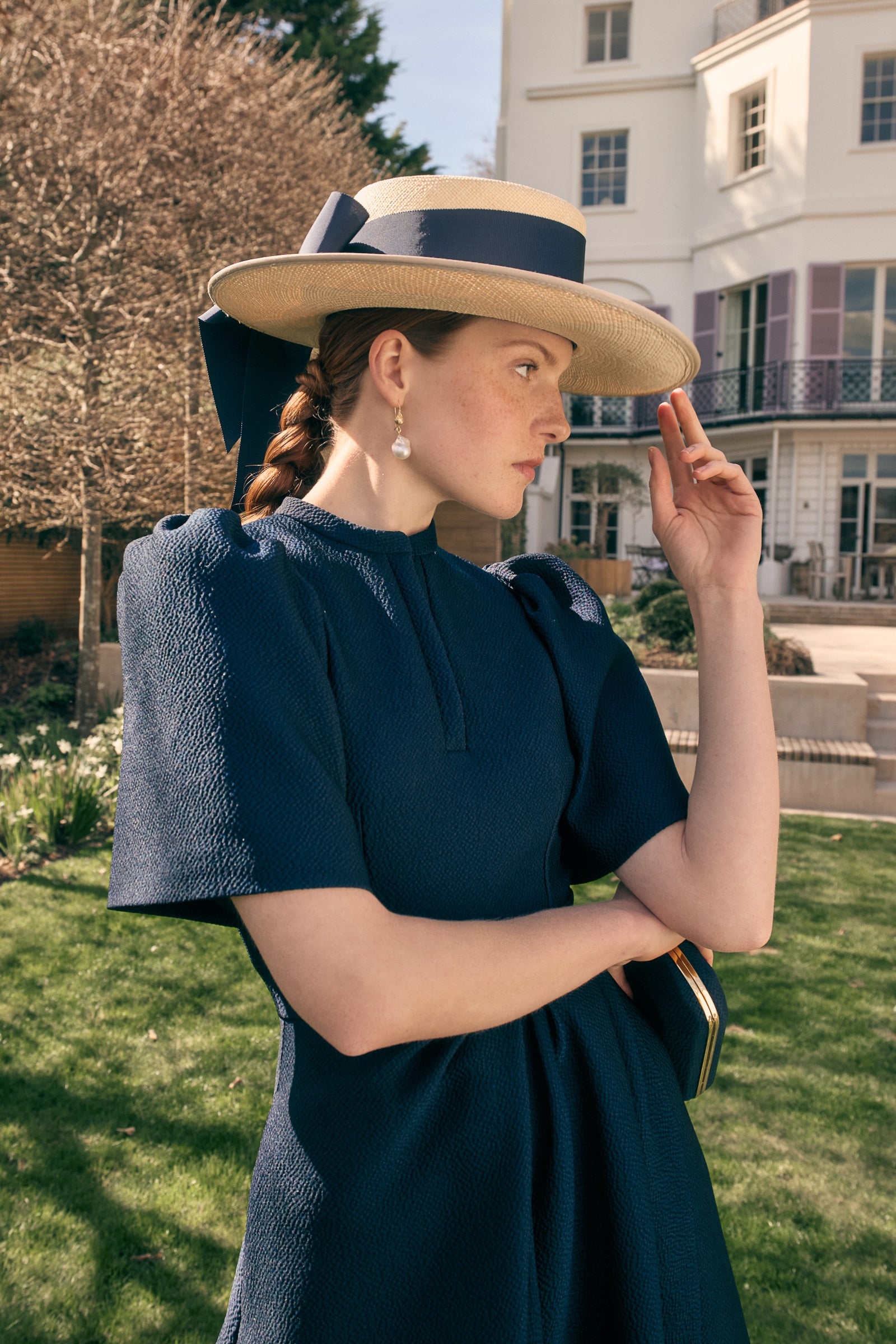 STYLISH VINTAGE NAVY STRAW TAM WITH LIGHT BLUE FEATHER & BEAD TRIM Vintage Dark Blue Wide Brim Hat, Straw with Big Flower  main image 2