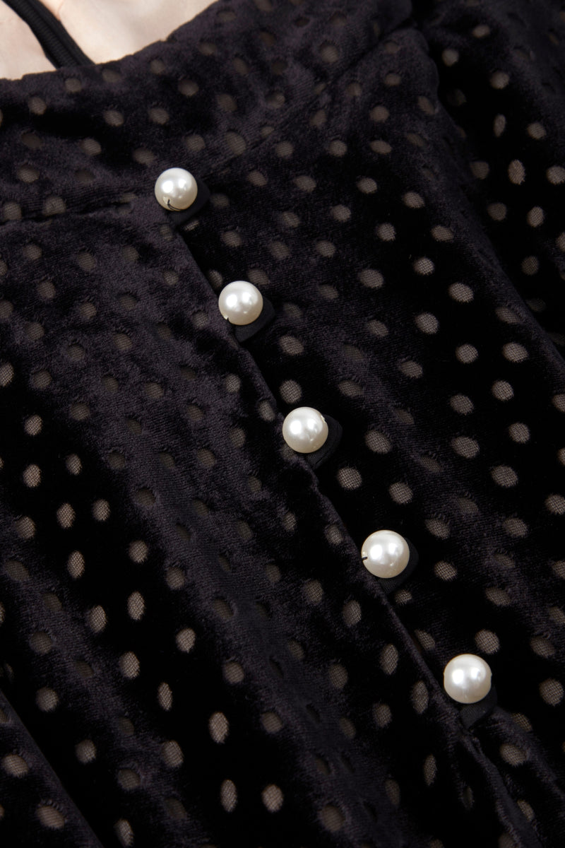 Load image into Gallery viewer, Biarritz Pearl Dress Black Polka Dot Velvet