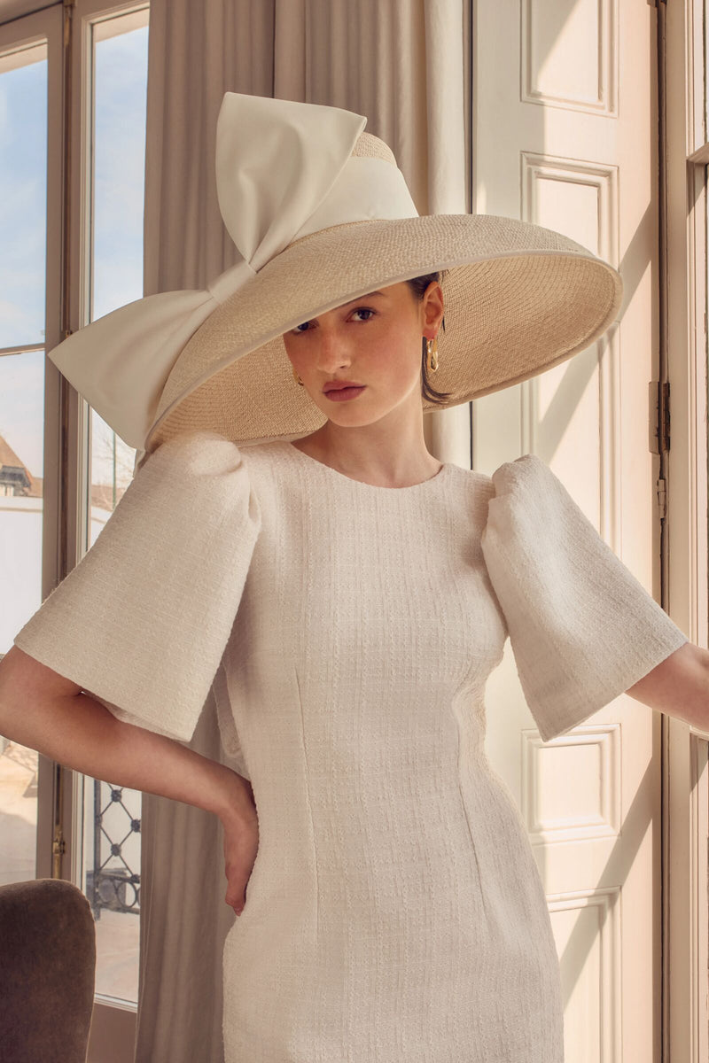 Load image into Gallery viewer, Annabel Bow Midi Dress Tweed Cream