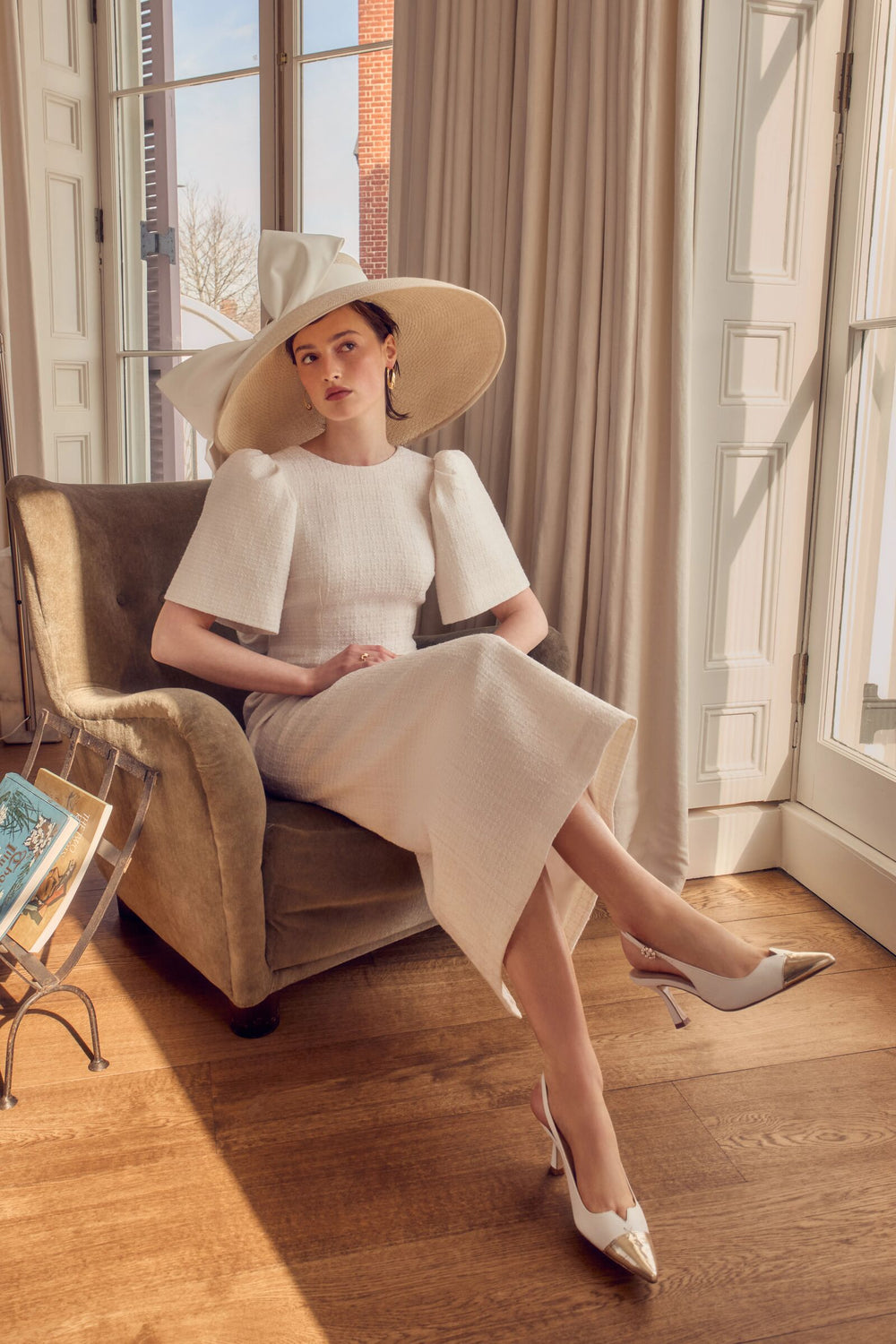 Load image into Gallery viewer, Annabel Bow Midi Dress Ribbon Tweed Cream