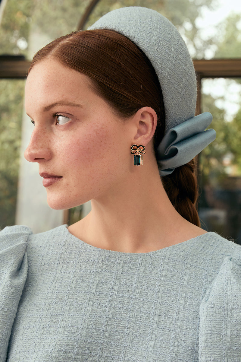Load image into Gallery viewer, Solid Gold and Topaz Bow Earrings London Blue x Philippa Herbert