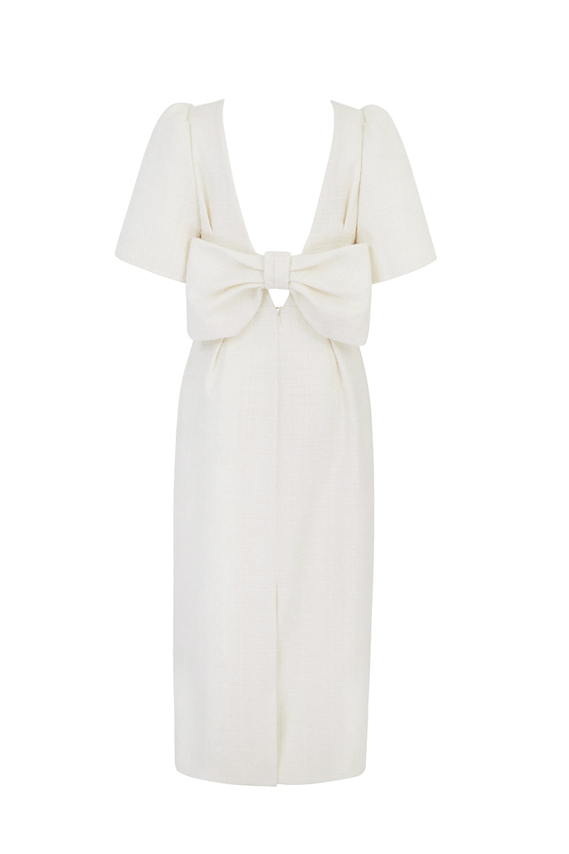 Load image into Gallery viewer, Annabel Bow Midi Dress Tweed Cream