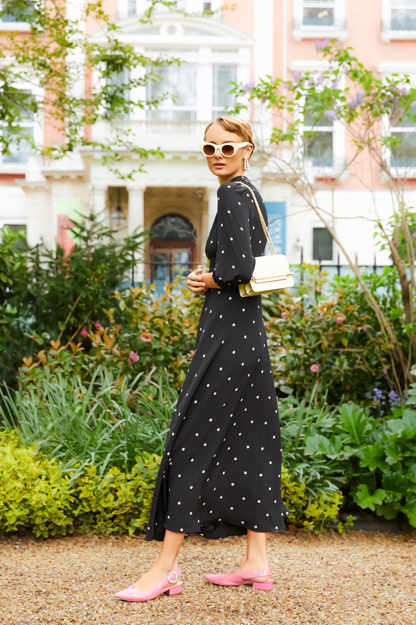 Aria Pansy Pearl Dots Silk Tea Dress Luxury Midi Dresses Suzannah