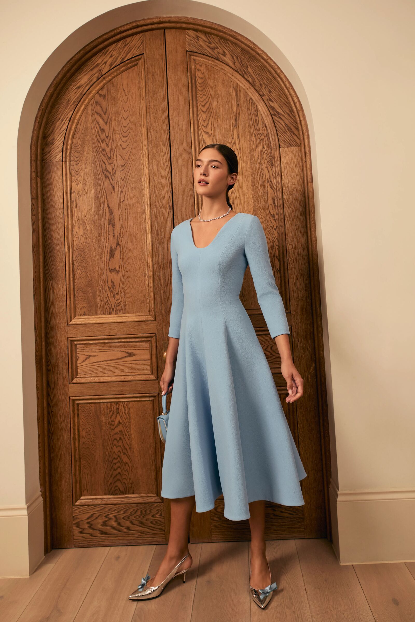 Arlena Midi Dress Breeze Blue Cloqu | Suzannah London Arlena Midi Dress Breeze Blue Cloqu | Suzannah London