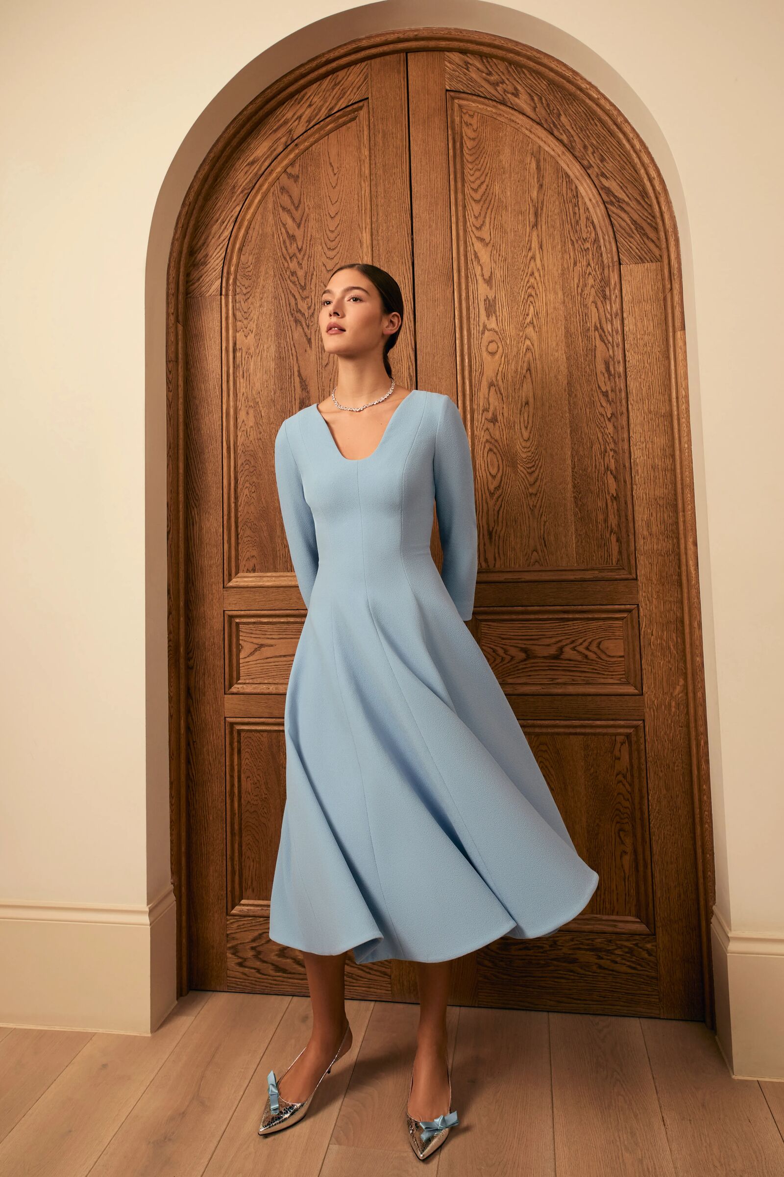 nbd alena midi dress Suzannah London | Arlena Midi Fit and Flare Dress in Breeze Blue Cloqué | Mother of the Bride