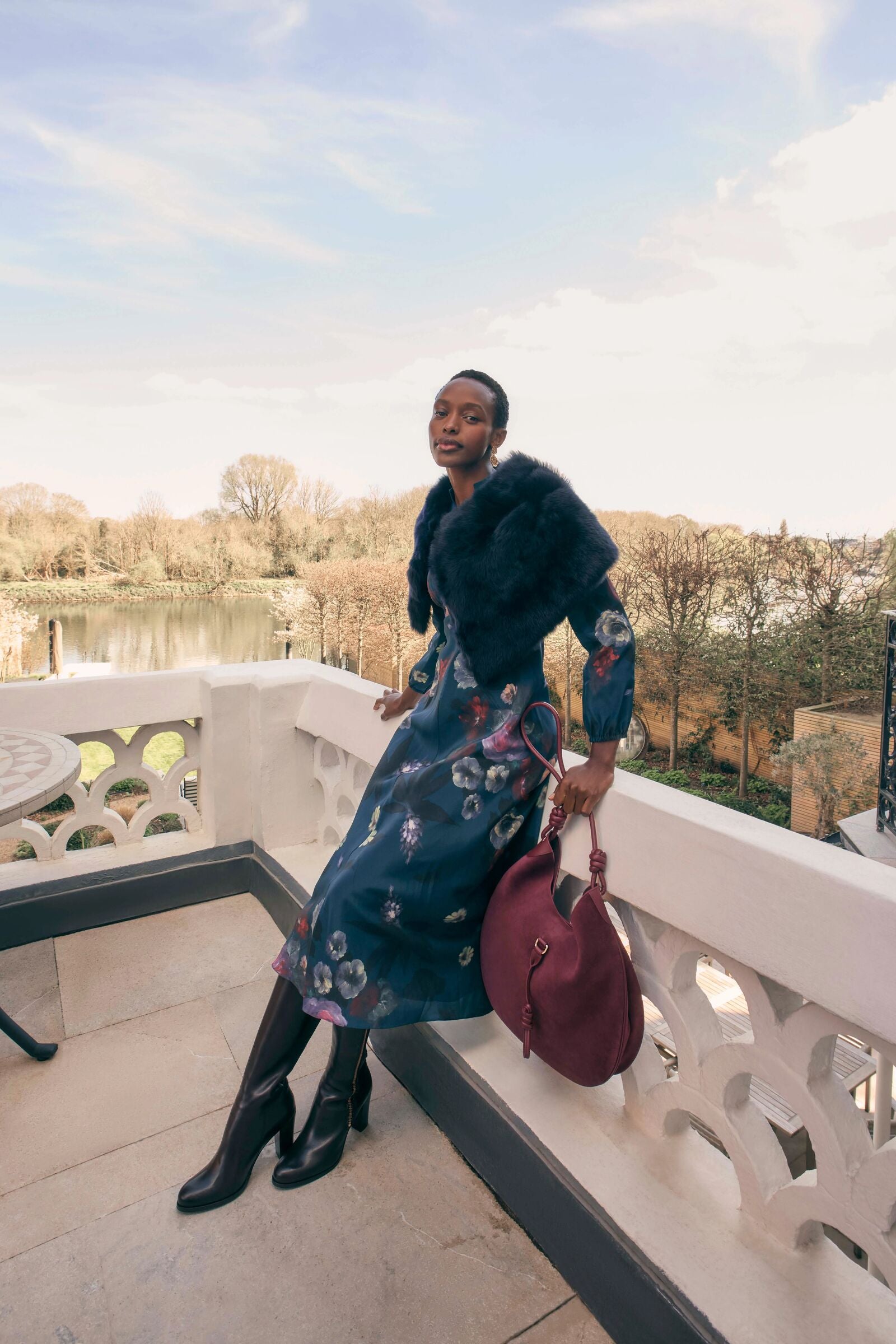 Baroque Silk Tea Dress Midnight Painterly Floral