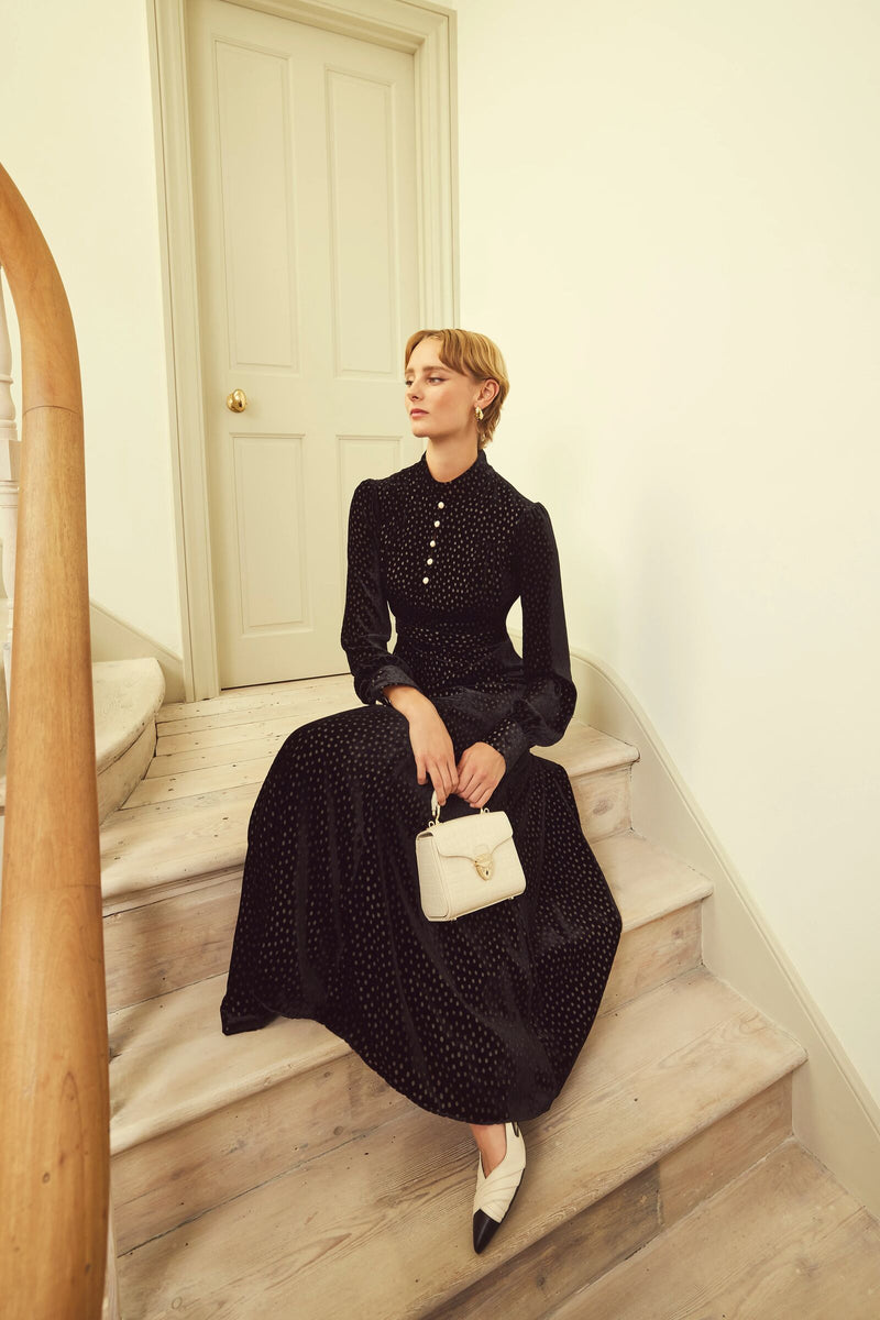 Load image into Gallery viewer, Biarritz Dress Black Polka Dot Velvet