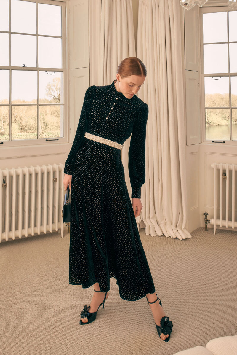Load image into Gallery viewer, Biarritz Pearl Dress Black Polka Dot Velvet
