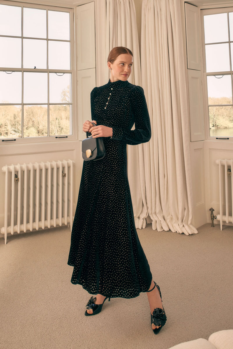 Load image into Gallery viewer, Biarritz Pearl Dress Black Polka Dot Velvet