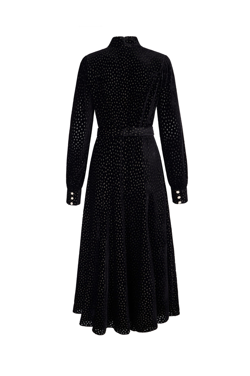Load image into Gallery viewer, Biarritz Dress Black Polka Dot Velvet