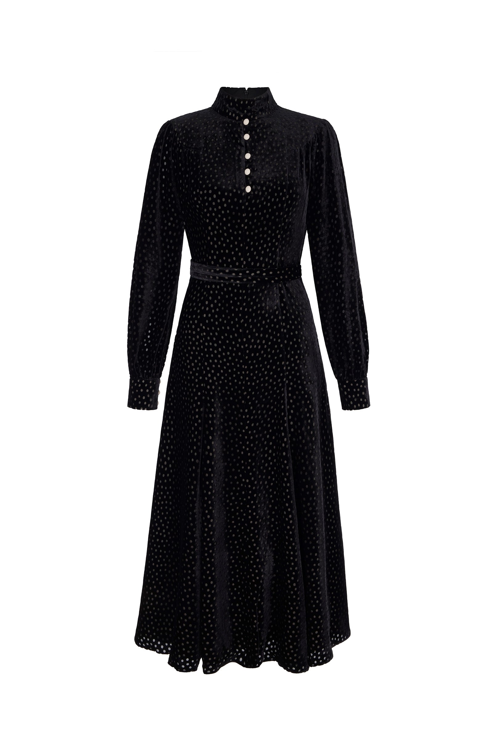 Biarritz Dress Black Polka Dot Velvet | Suzannah London