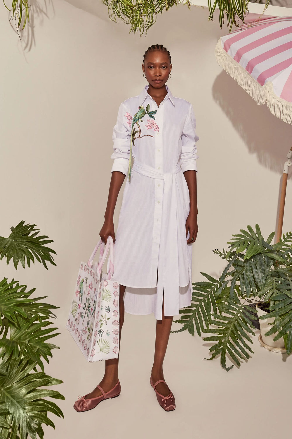 Load image into Gallery viewer, Cassie Embroidered Shirt Dress &amp; Bahamas Tote Set