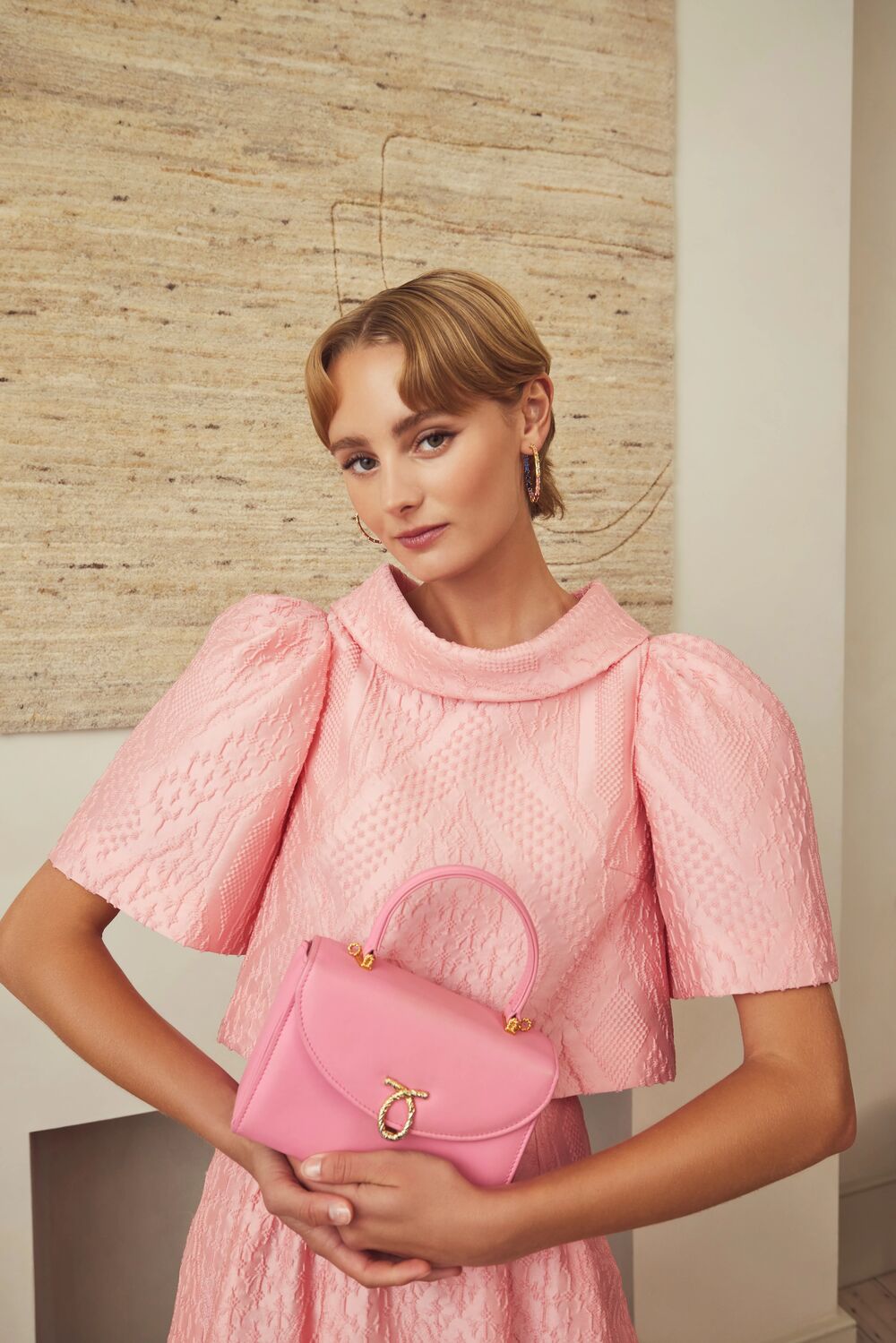 Load image into Gallery viewer, Clara Top &amp; Skirt Coral Geometric Cloqué Set