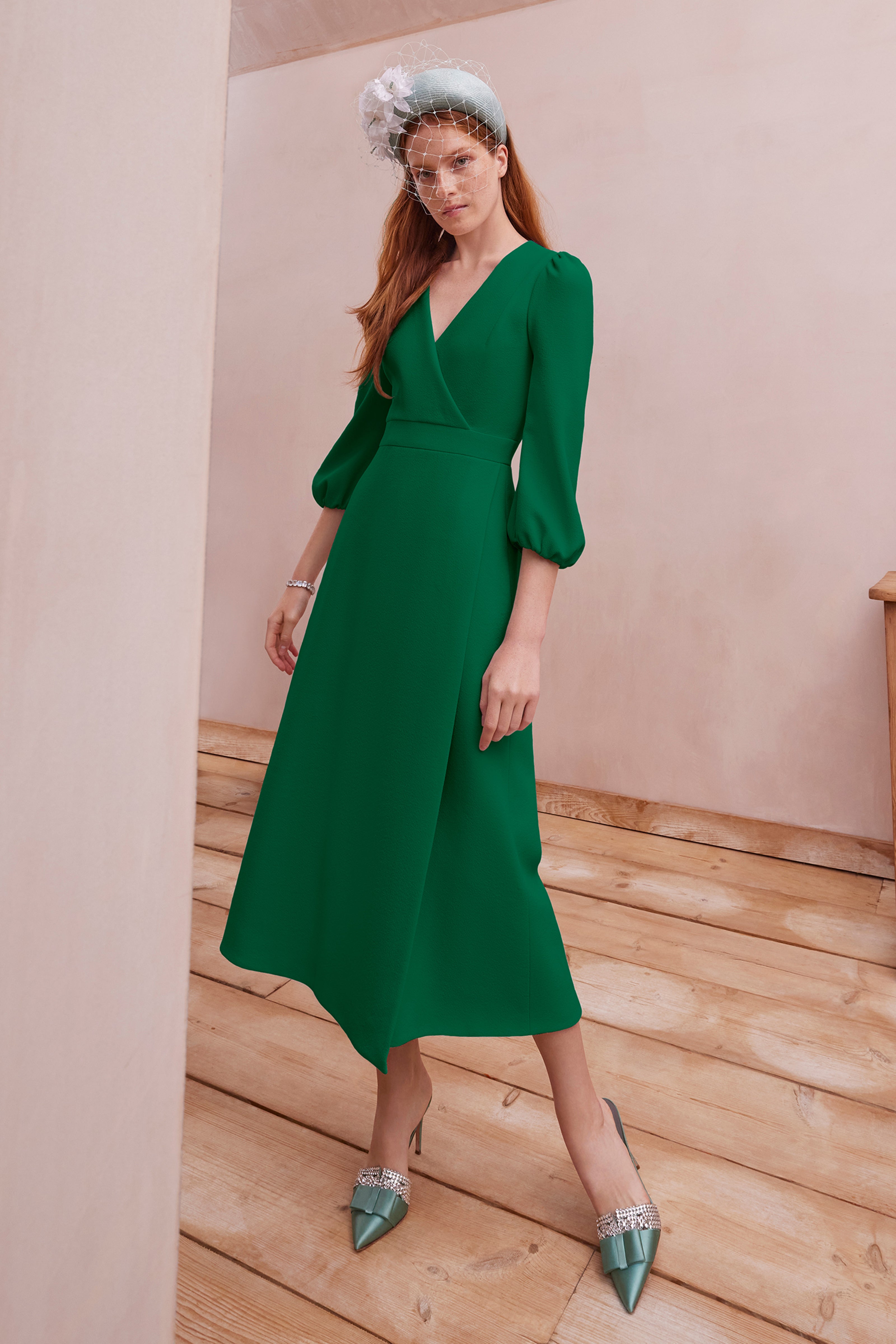 Clemmie Dress Wool Crepe Emerald | Suzannah London